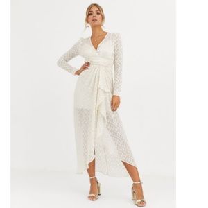 Forever New metallic ruffle dress in cream